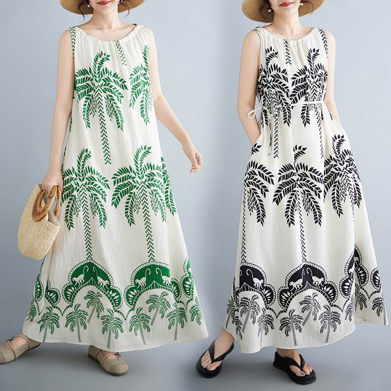 Ethnic Style Dresses - Summer Large Size Leaf Print Maxi